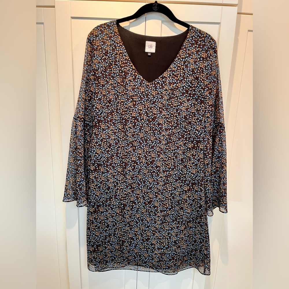 CAbi Brown patterned bell-sleeve dress ~ small